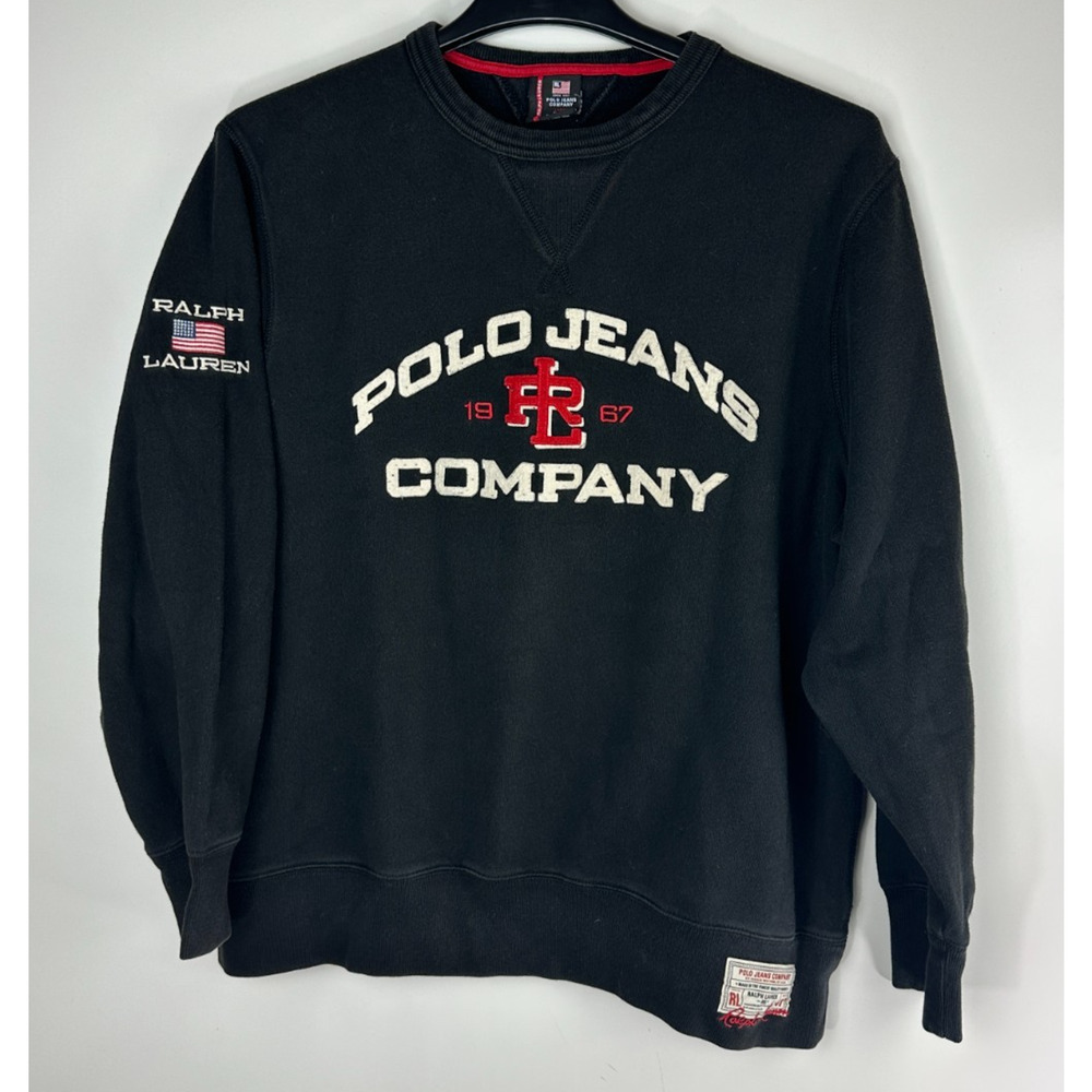 Vtg Y2k Polo Jeans Co Ralph Lauren Sweatshirt Large Black USA Flag Patch 1967 - Picture 11 of 12